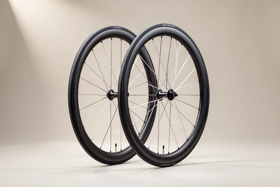 Ondiepe carbon racefietswielset rechtopstaand tegen een lichtgrijze studioachtergrond