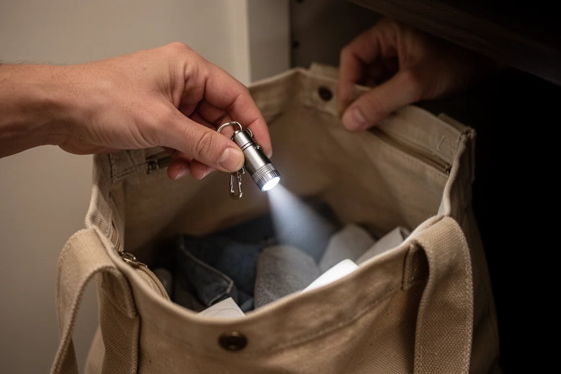 Persoon die een klein sleutelhangerlampje gebruikt om in een donkere tas te zoeken