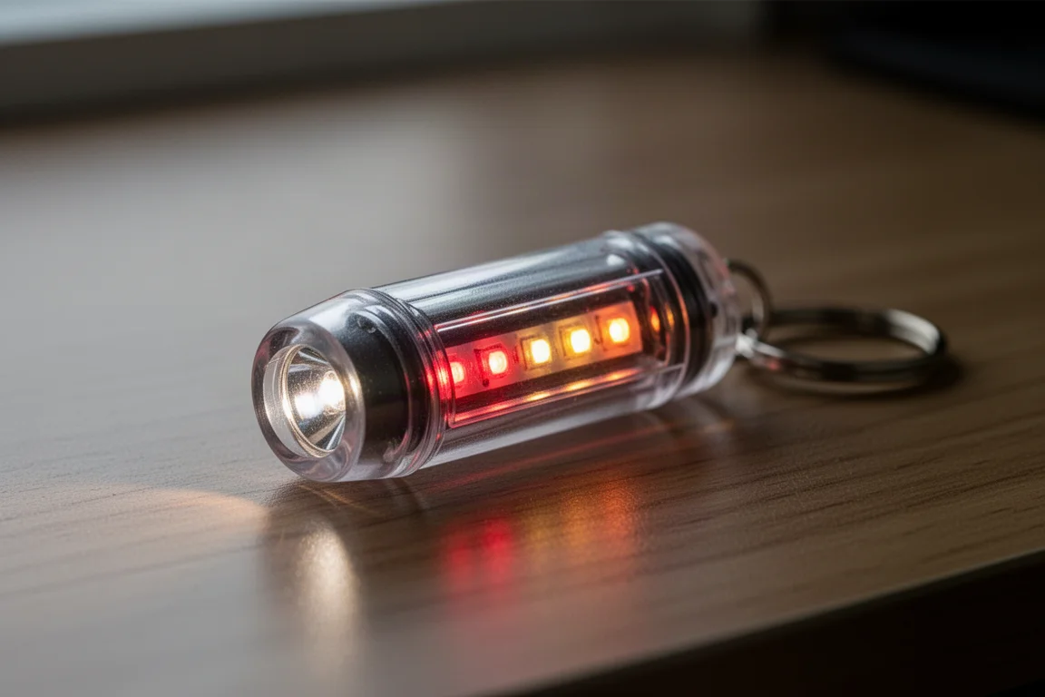 Minuscule sleutelhangerzaklamp met transparante polycarbonaatbehuizing waar rood en warm omgevingslicht uit straalt