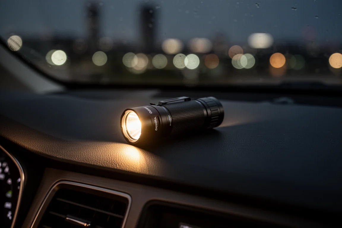 Compacte zaklamp op een autor-dashboard 's nachts met een warme omgevingsgloed die het interieur verlicht