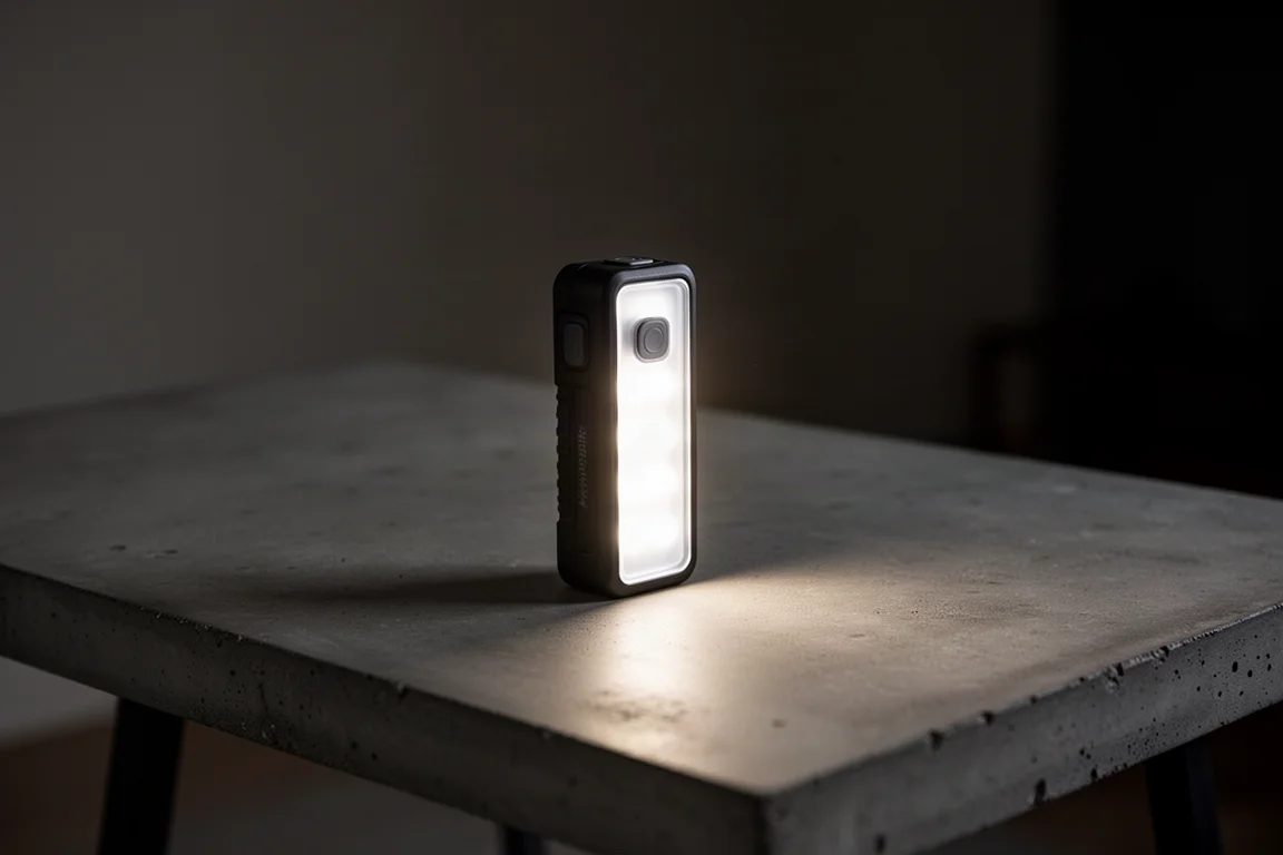 Rechthoekige everyday carry-zaklamp met fel oplichtende opbouw-bodylights op een tafel