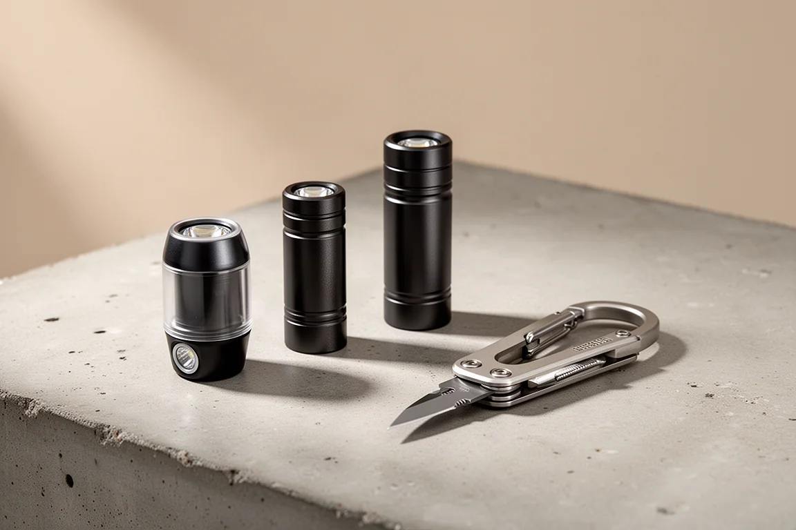 Three compact Rovivon flashlights and a titanium carabiner multi-tool on a concrete surface