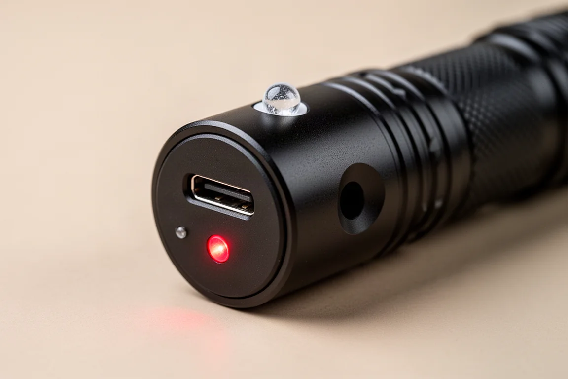 Nahaufnahme des Endkappe einer kompakten Aluminium-Taschenlampe mit USB-C-Anschluss und Ladeanzeige-LED