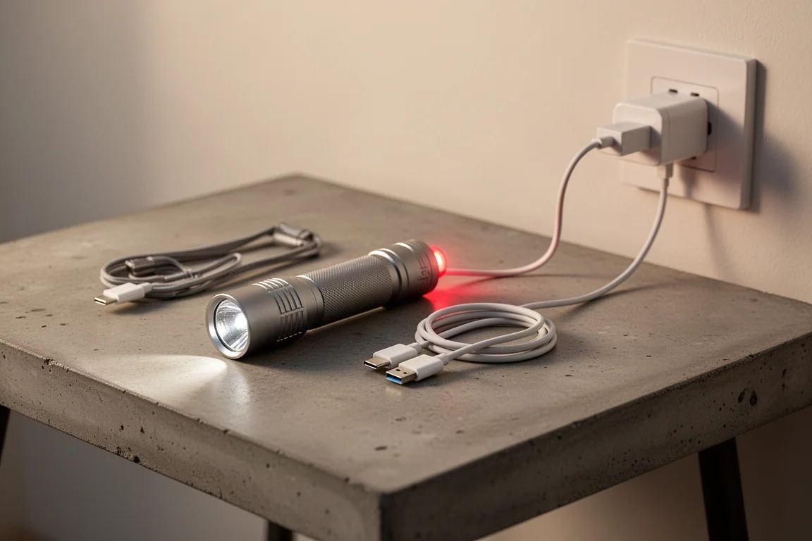 Taschenlampe auf einem Tisch mit angeschlossenem Ladekabel, Anzeige leuchtet