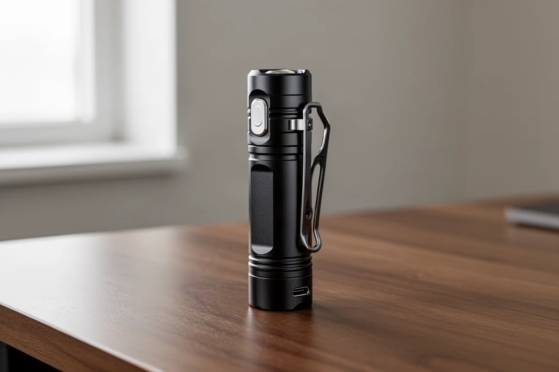 木桌上帶有背夾的黑色鋁合金小型 EDC 手電筒