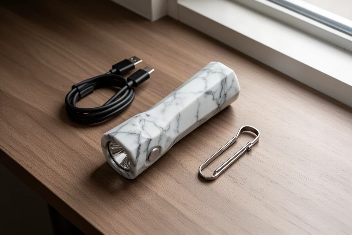 Platt kilformad ficklampa liggande på ett träskrivbord bredvid en USB-C-kabel och fickclip
