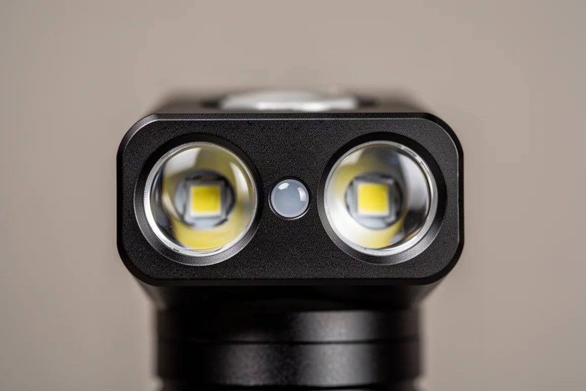 Närbild på en ficklampa som visar dubbla LED-emittorar och ett litet sensorfönster