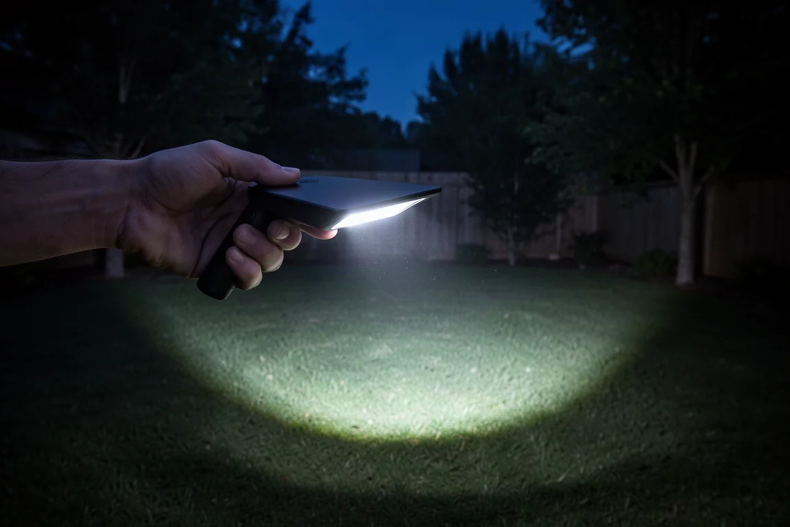 En hand håller en platt ficklampa som kastar ett brett och ljust sken över en mörk bakgård