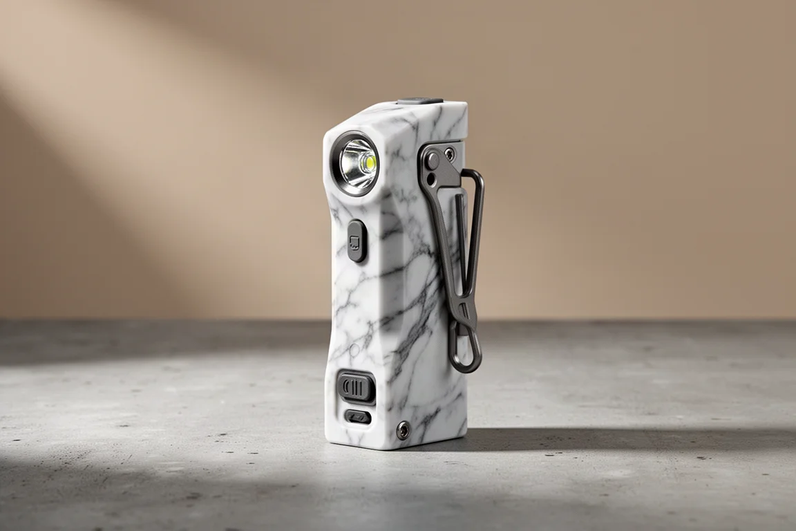 Rovyvon Angel Eyes E30 Pro flat wedge flashlight in marble finish on concrete
