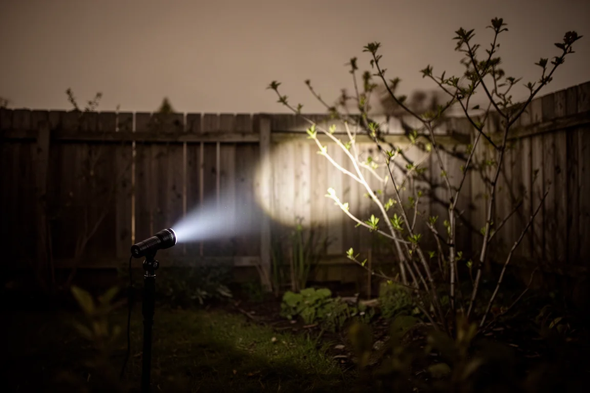 Ficklampa som lyser upp en mörk bakgård på natten med en tydlig ljuspunkt