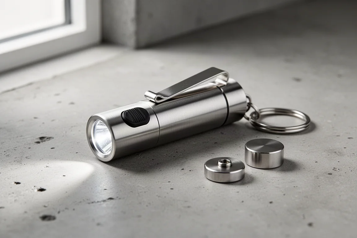RovyVon Aurora A2 Gen 3 stainless steel flashlight with pocket clip and magnetic base on concrete