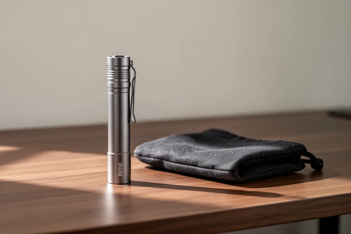 Flache EDC-Taschenlampe auf einem gebürsteten Holztisch stehend, mit sanftem Fensterlicht
