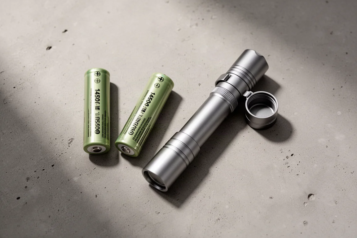 Zwei 14500-Batterien neben einer flachen Taschenlampe mit geöffneter Batteriefachklappe