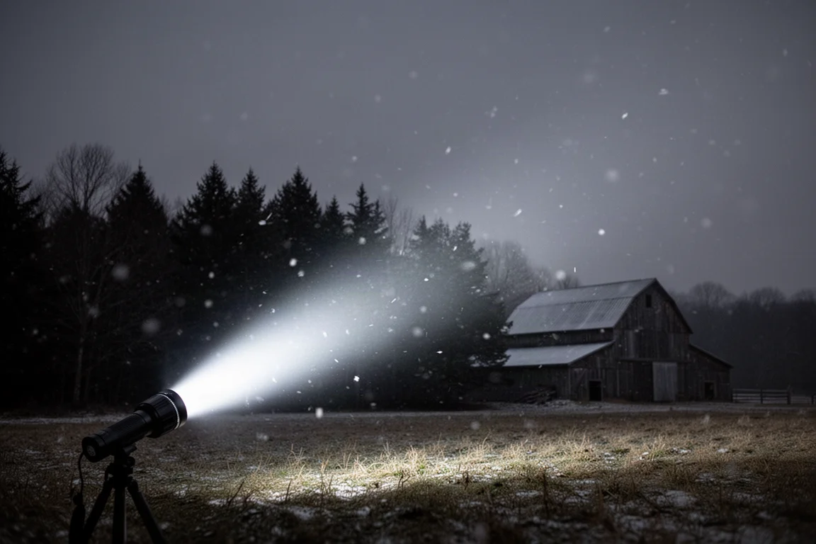 Lichtkegel der Taschenlampe beleuchtet eine dunkle Baumreihe in einer verschneiten Nacht