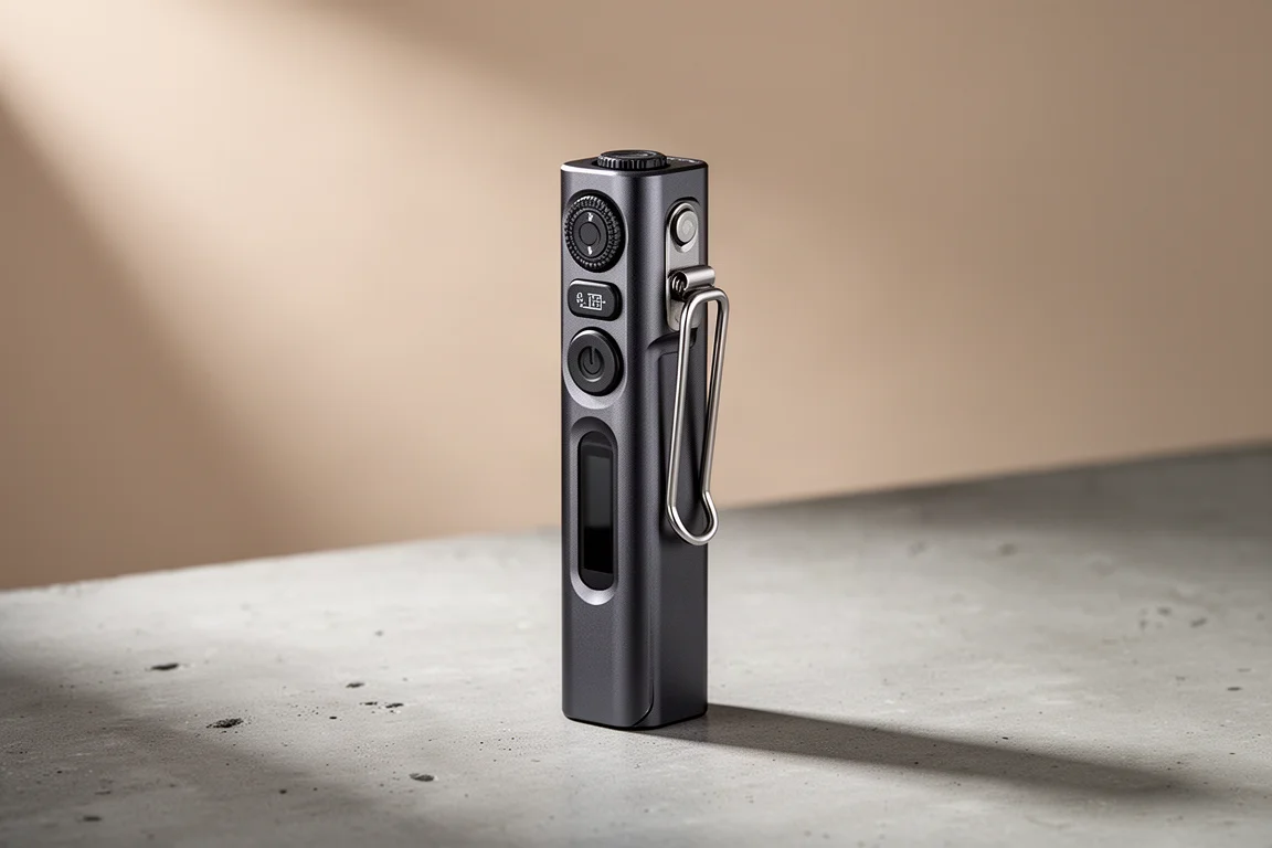 Flat anodized aluminum EDC flashlight standing on concrete with pocket clip and OLED display