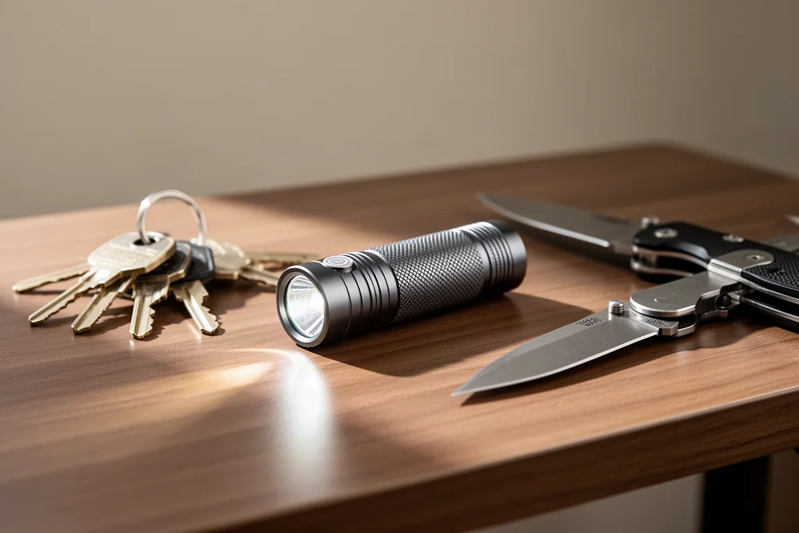 Lampe de poche EDC compacte tenue en pleine main sous une douce lumière naturelle sur un bureau