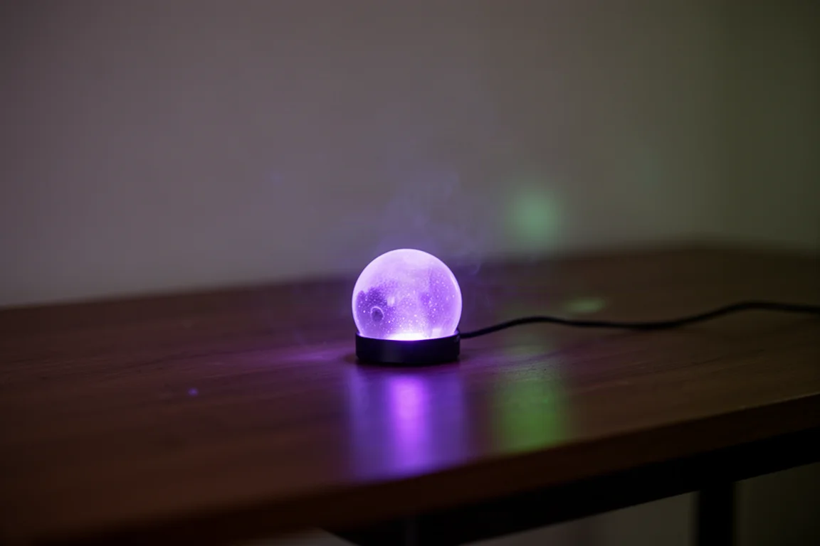 Lumière UV faisant fluorescer un objet phosphorescent dans une pièce sombre