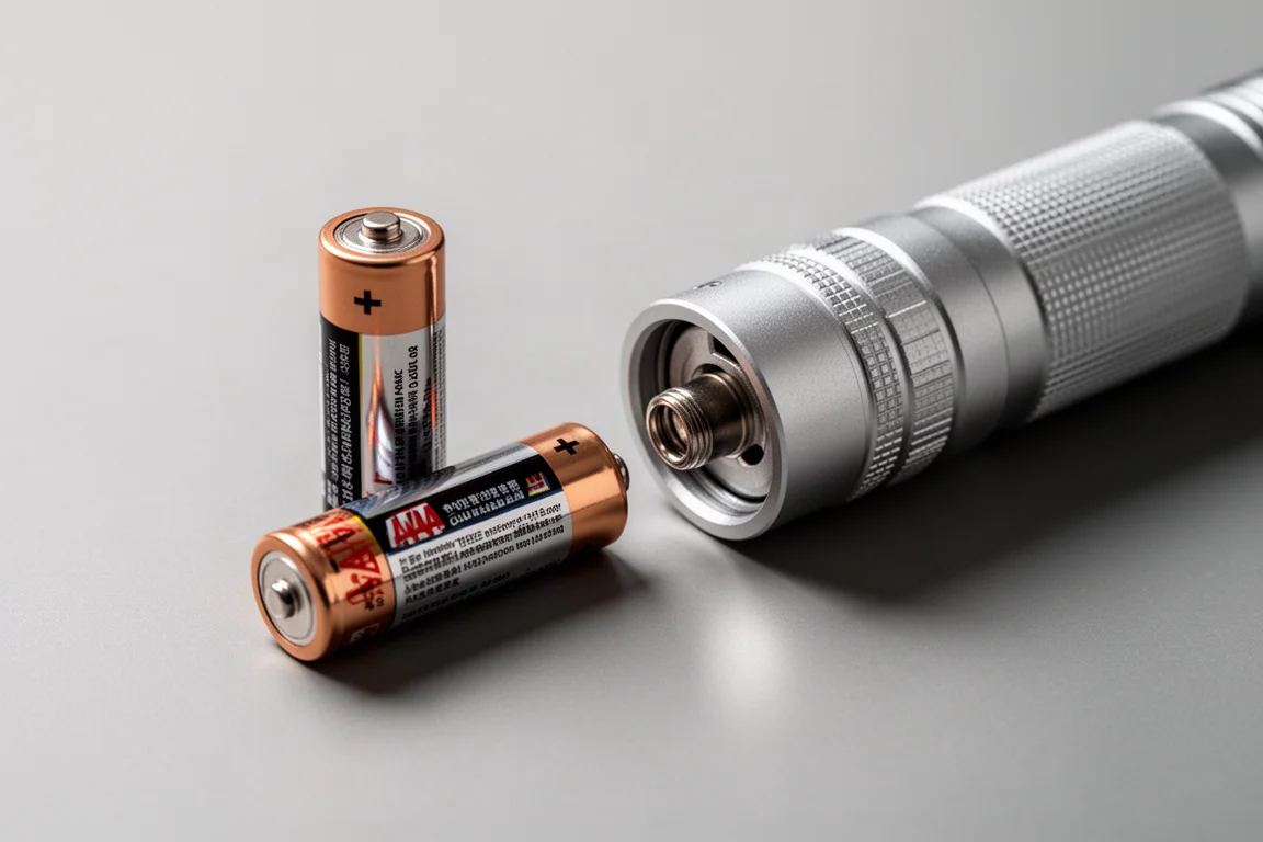 Main insérant une pile AAA dans le corps d'une petite lampe de poche
