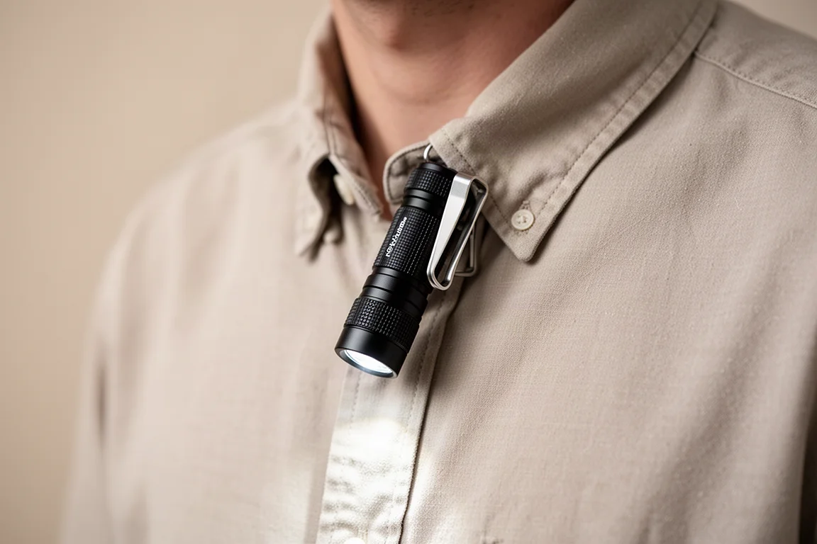 Clip de poche réversible d'une lampe de poche fixé à un col de chemise
