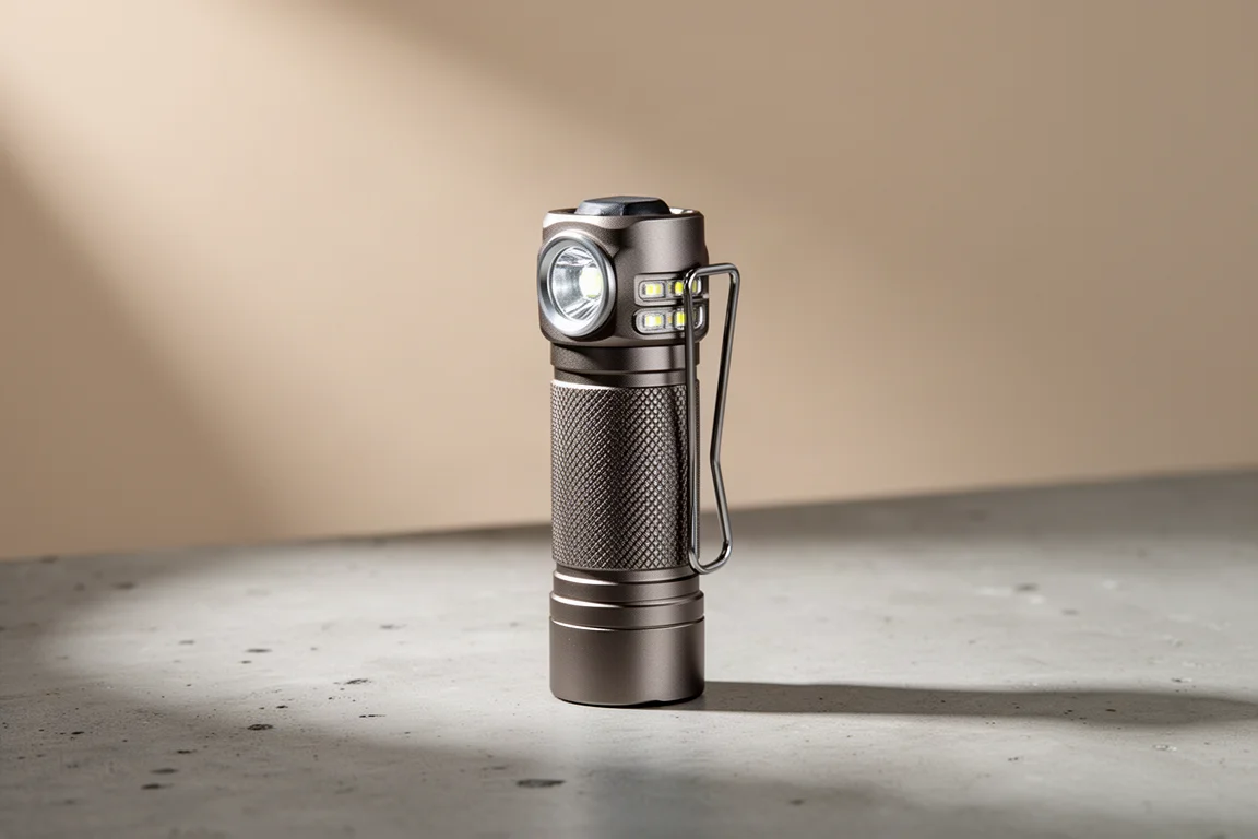 Compact RovyVon E5 style aluminium EDC flashlight with pocket clip on concrete surface