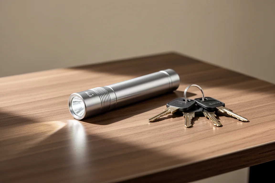 Compact aluminum bar flashlight resting on a wooden desk in soft daylight