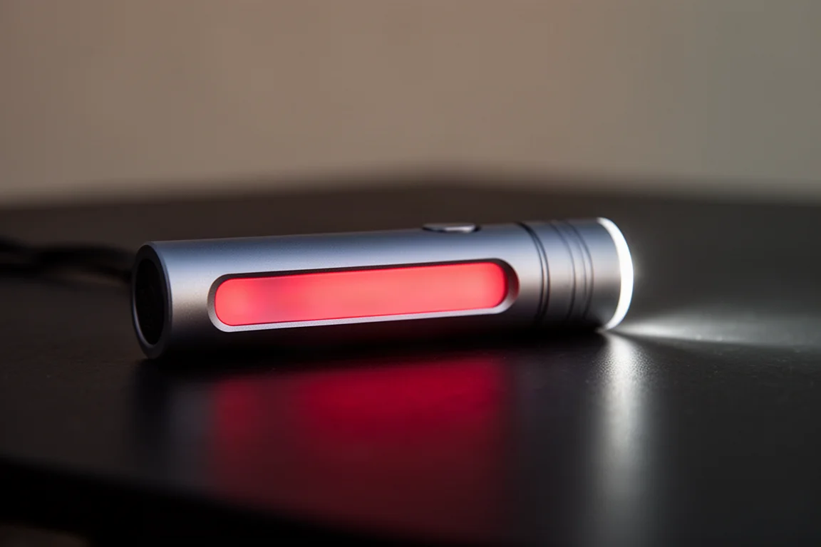 Close-up of side lighting on a bar flashlight emitting red and white glow