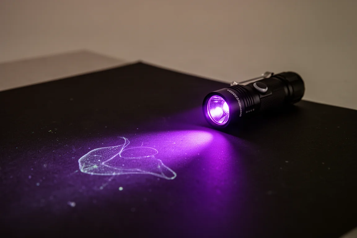 UV light from a small flashlight illuminating a surface in a dark room
