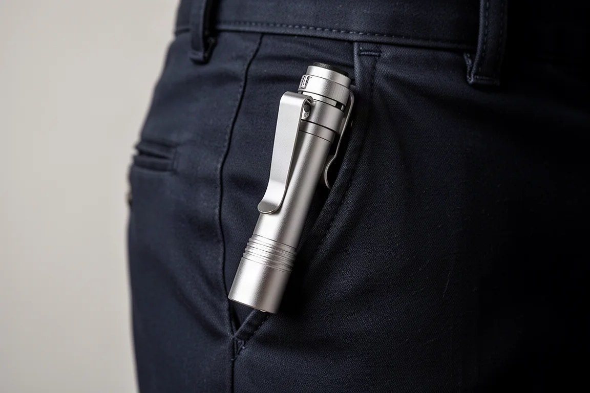 Pocket clip of a slim flashlight attached to a trouser pocket