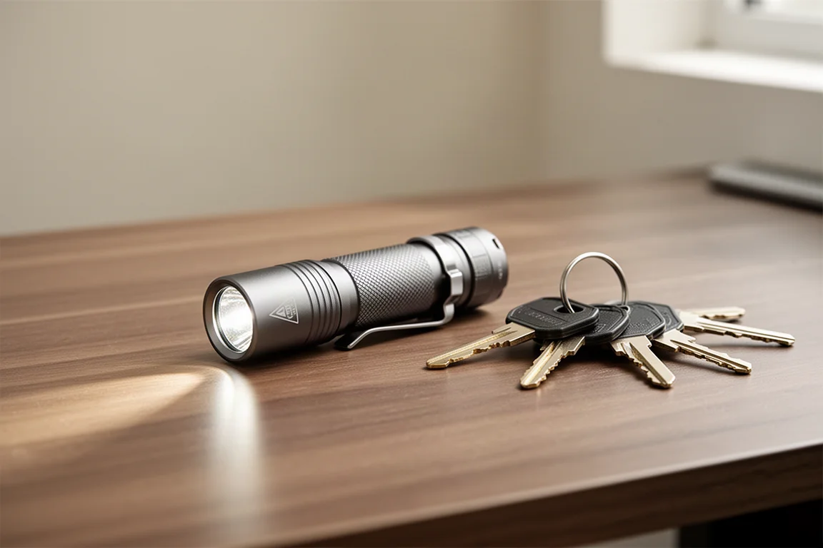 Compact EDC flashlight resting on a wooden desk in soft window light