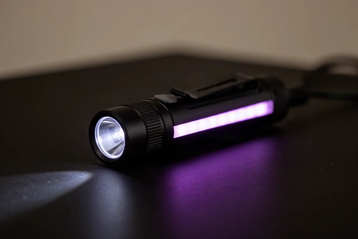 Ultraviolet and side LEDs glowing faintly on a small flashlight