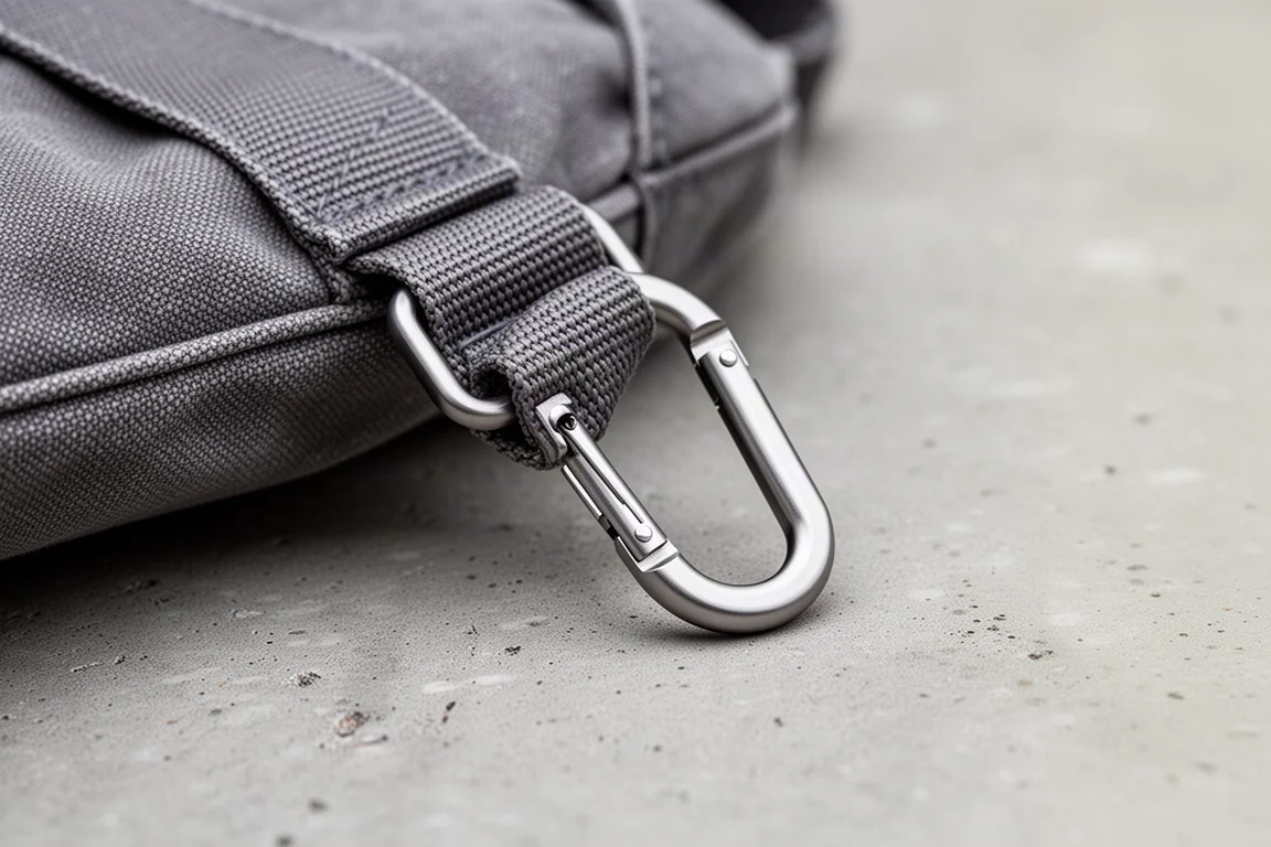 Titanium carabiner clipped to a bag strap on a concrete surface