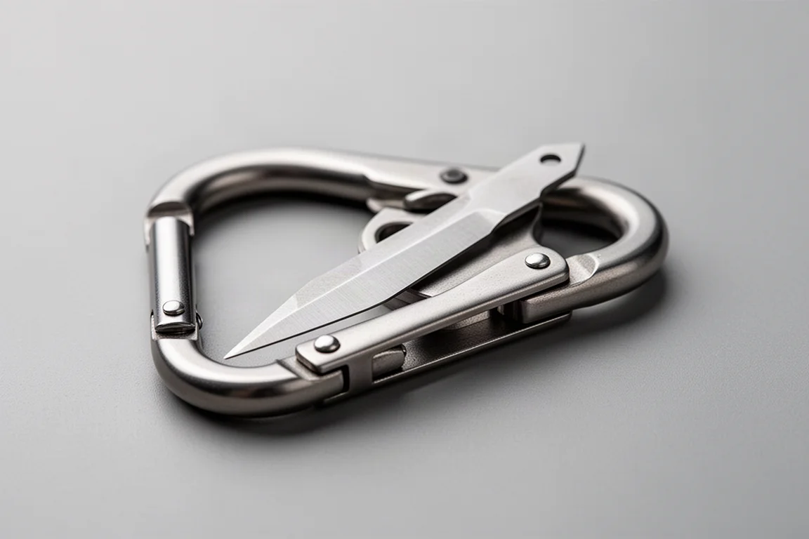 Small scalpel blade edge detail on a titanium carabiner
