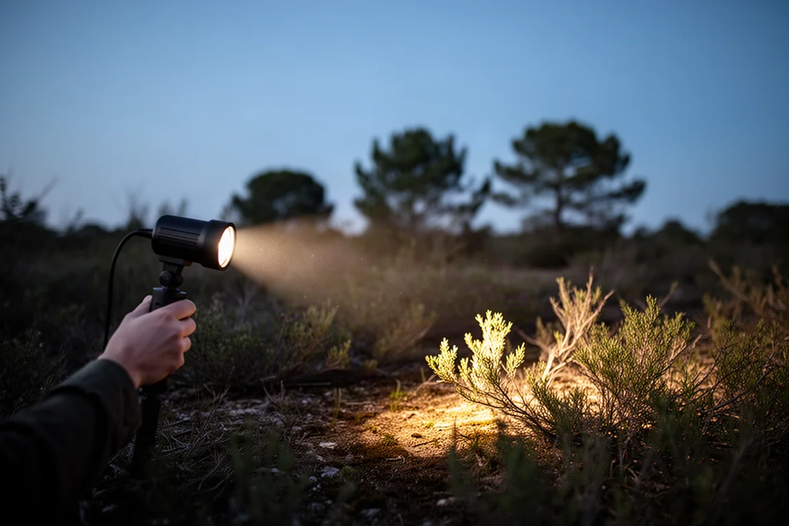 Lampe à clip compacte projetant un faisceau ciblé à travers les broussailles vers des arbres lointains au crépuscule