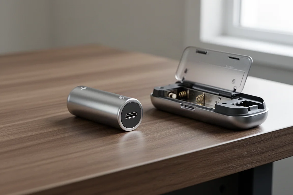 Gros plan d'une petite batterie cylindrique avec port USB-C posée sur un bureau