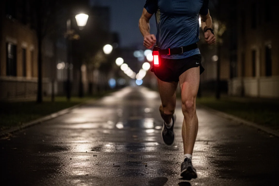 Coureur sur un sentier urbain sombre avec un petit feu de sécurité rouge lumineux à la ceinture