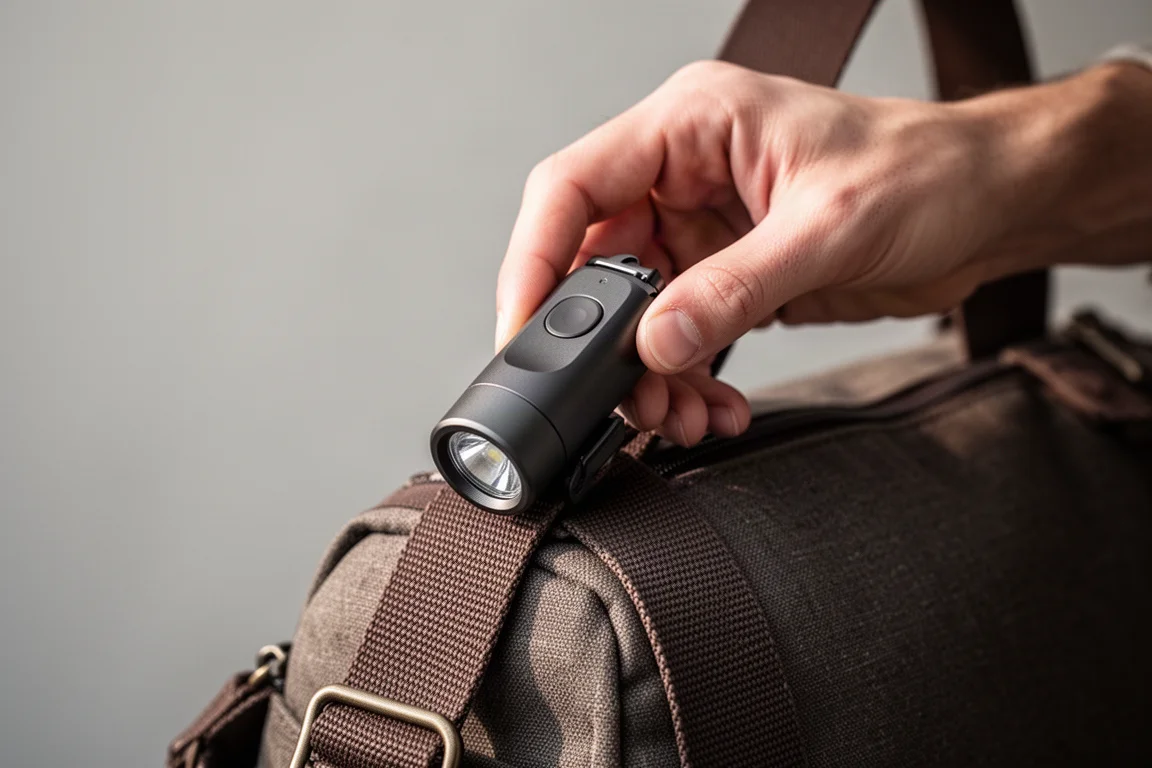 Main fixant une petite lampe sur le bord d'une sangle de sac en douce lumière matinale