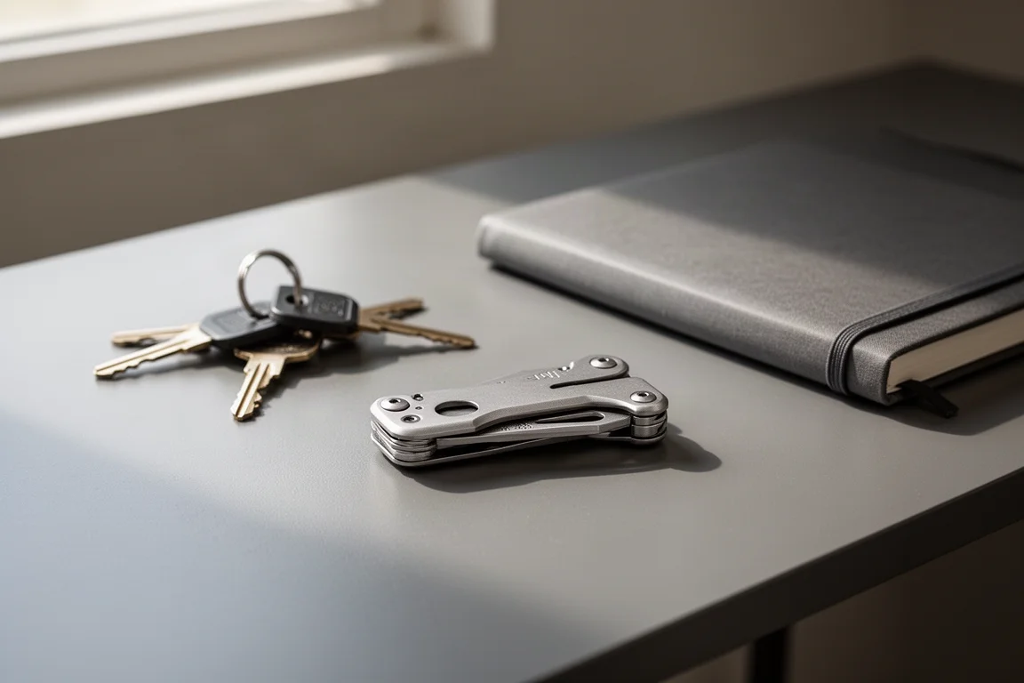 Piccolo strumento in titanio per l'everyday carry appoggiato su una scrivania accanto a oggetti quotidiani