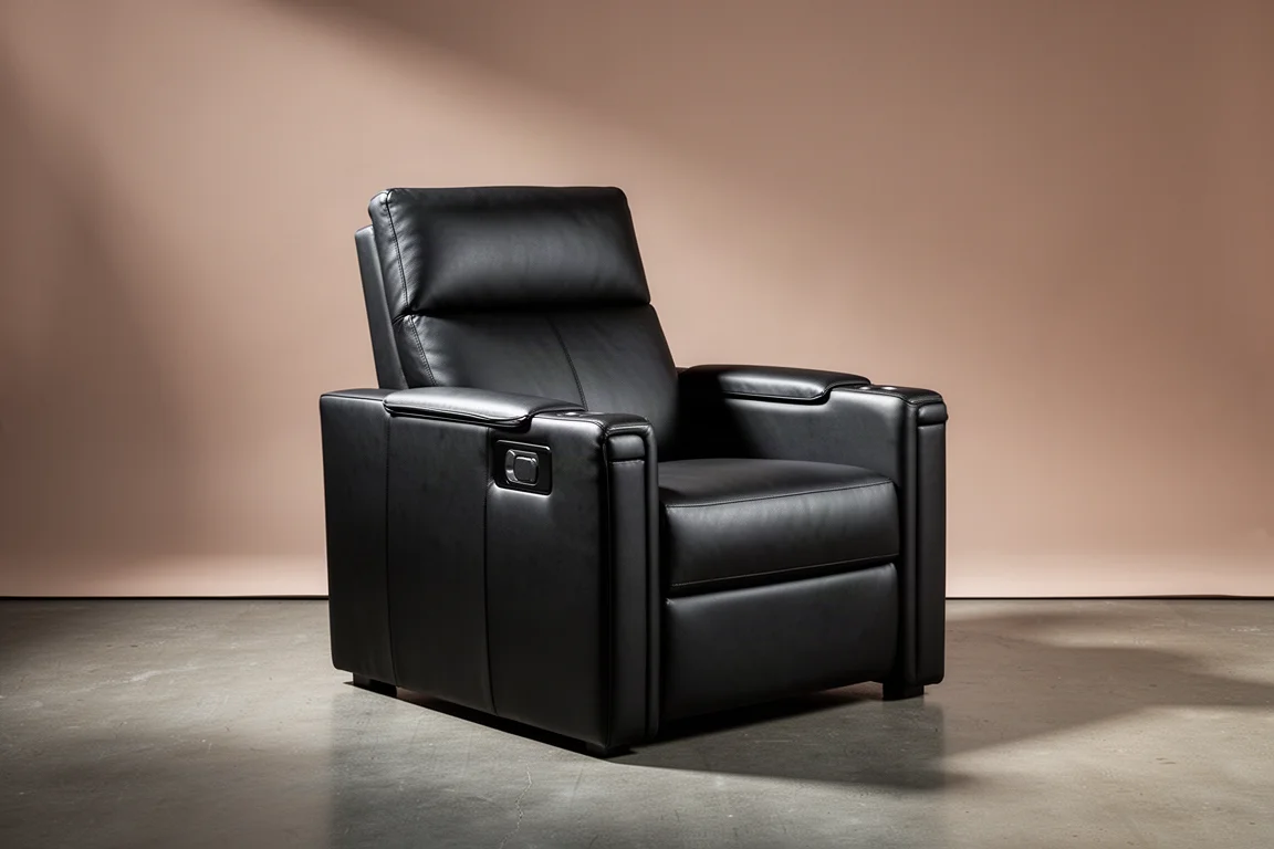 Row of dark leather home theater recliner chairs in a dim cinema room