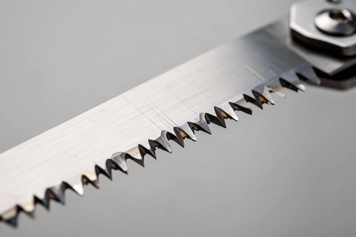 Primer plano de los dientes dentados de una sierra en una pieza plegada de una multiherramienta