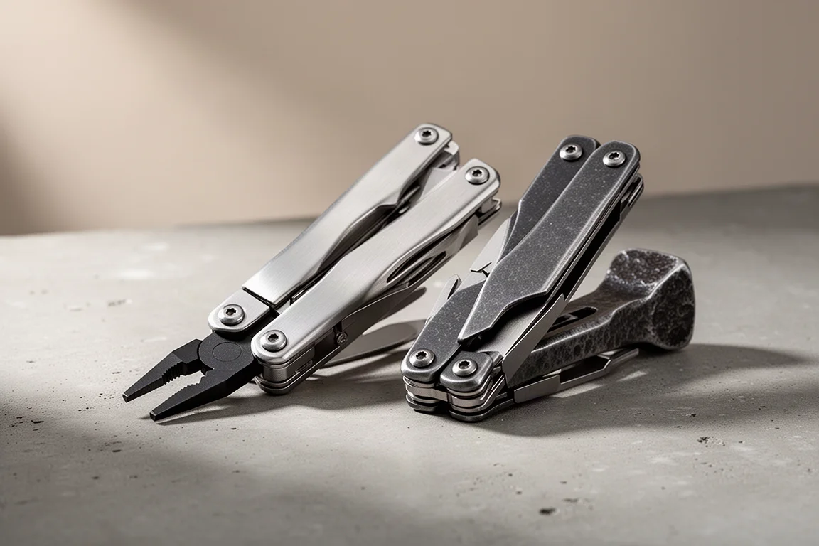 Roxon Flash and Leatherman Signal multi-tools side by side on concrete