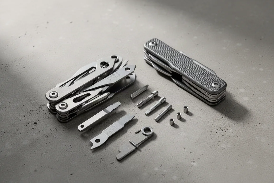 Modular multi-tool with its components laid out on a flat surface