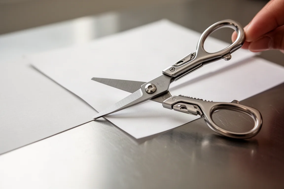 Close-up of small folding scissors on a multi-tool cutting paper