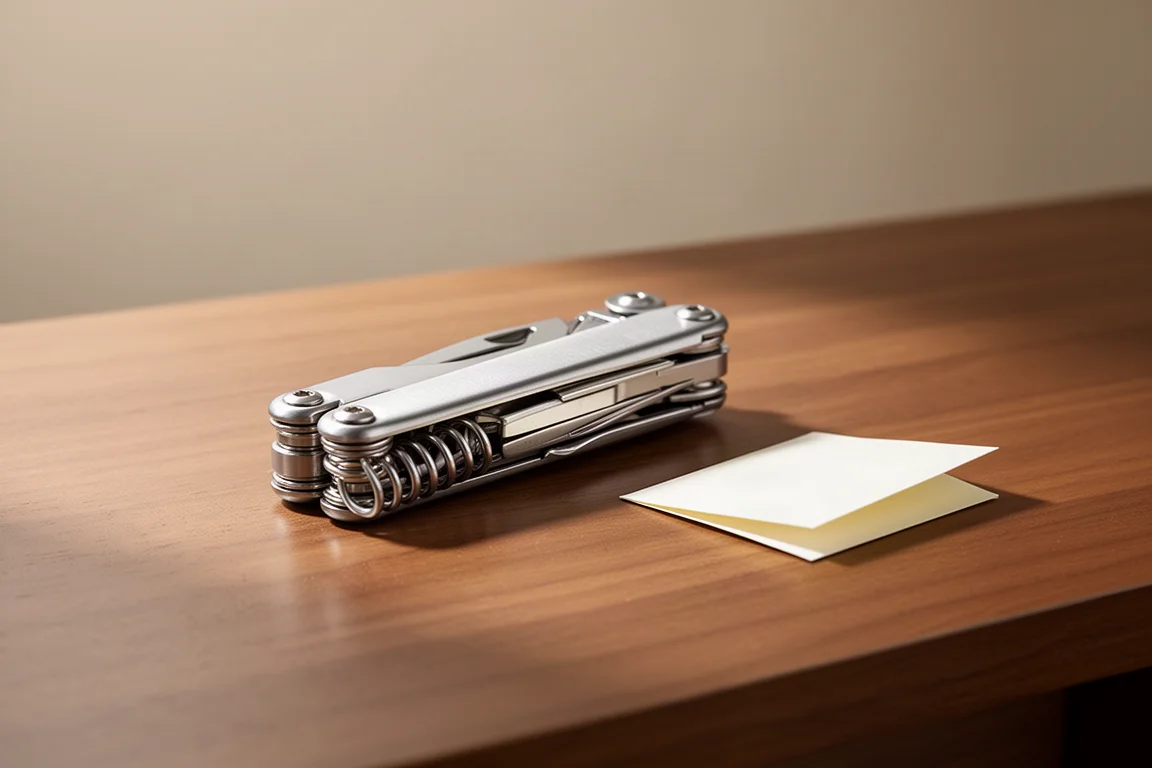 Leatherman Free T4 folded shut on a wooden desk