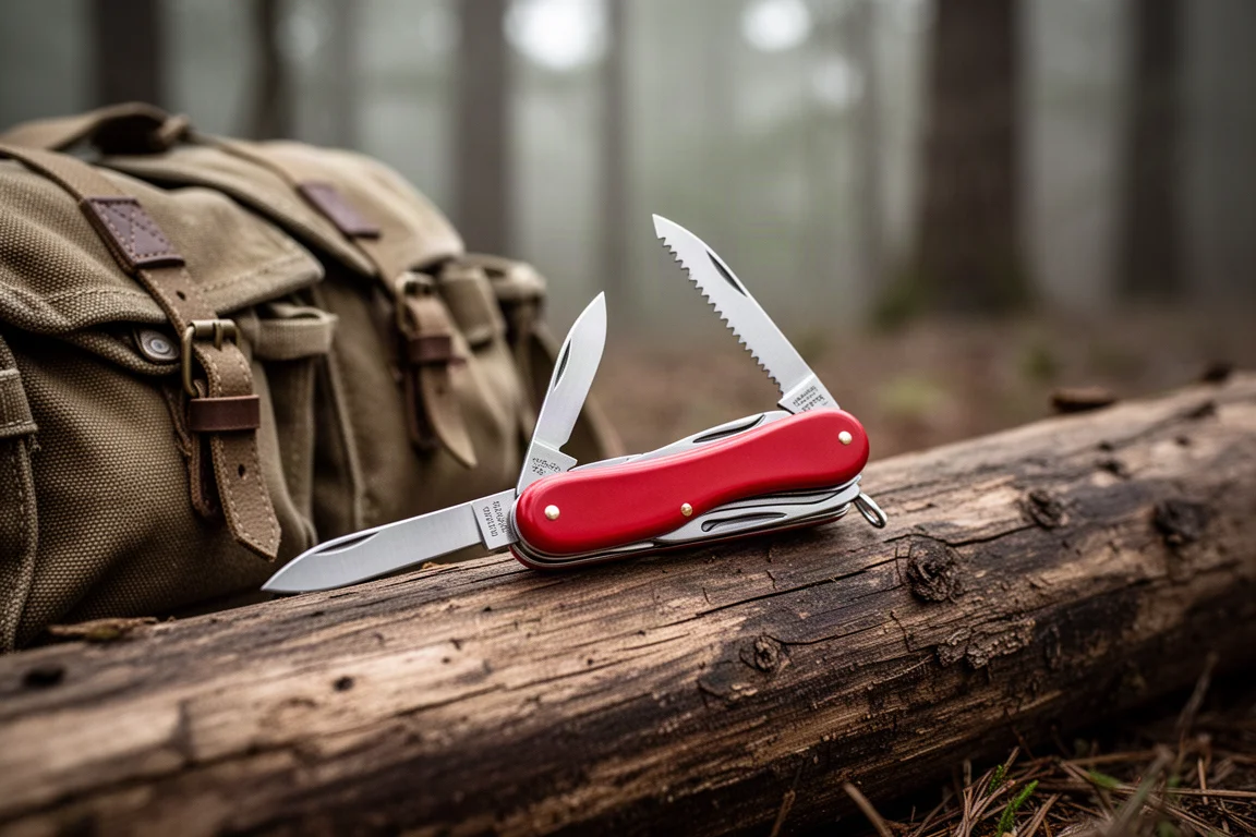 Victorinox-style pocket knife opened beside camping gear outdoors