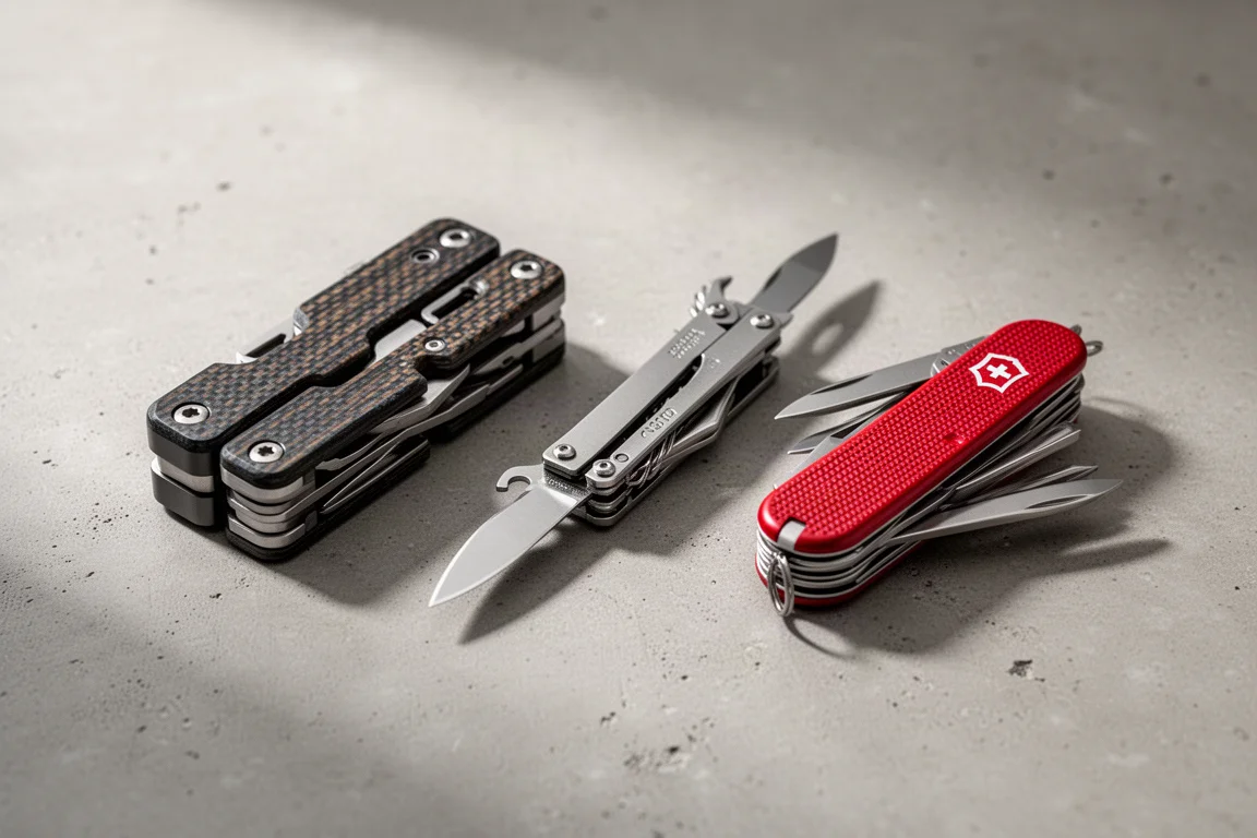 Tre multi-tool pieghevoli disposti su una superficie di cemento opaco