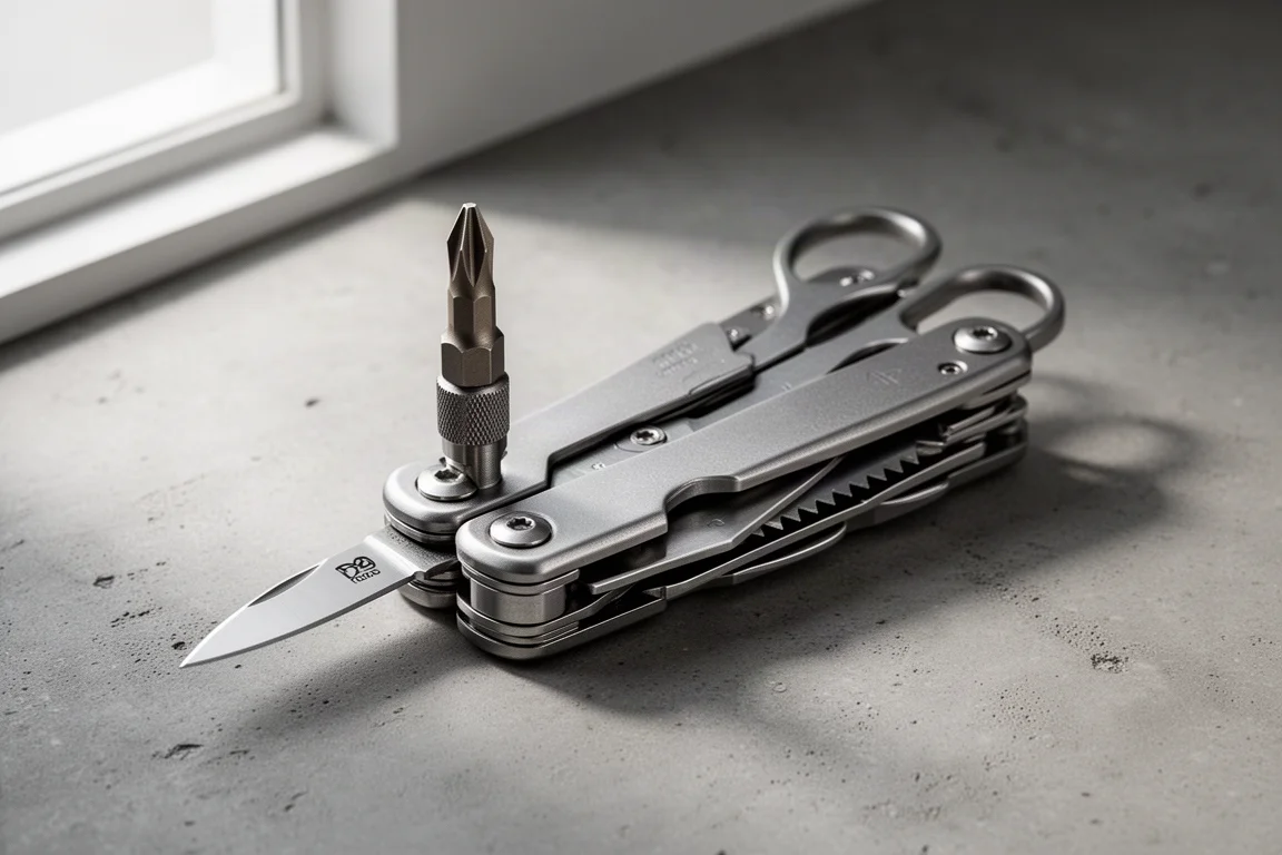 Multitool tascabile modulare aperto con porta-bit e utensili disposti a strati su cemento