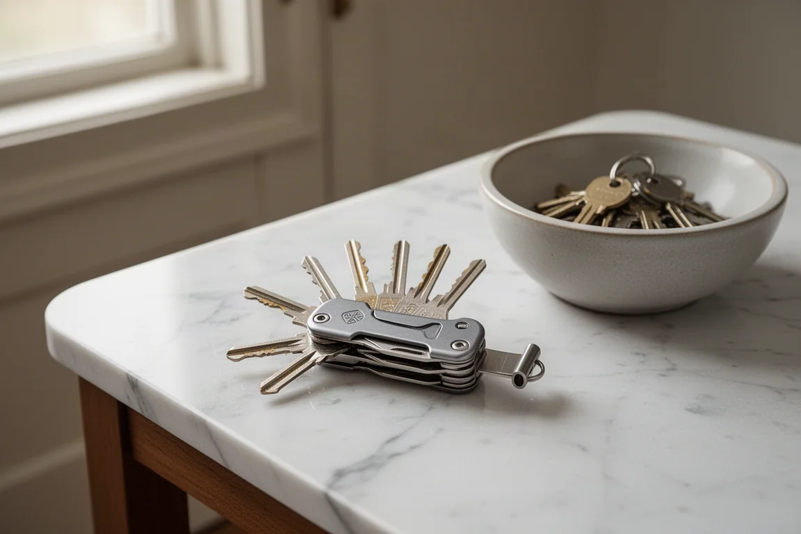 Kieszonkowy multitool używany jako kompaktowy organizer do kluczy z przymocowanymi kluczami