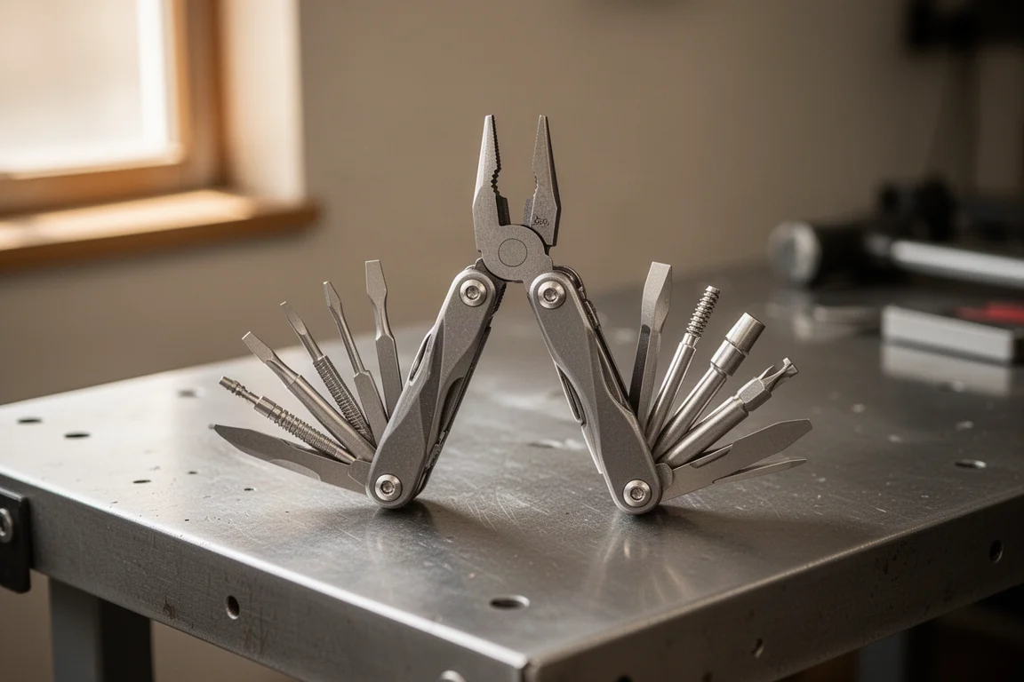 Modularer Multitool gefächert mit austauschbaren Werkzeugen auf einer Werkbank