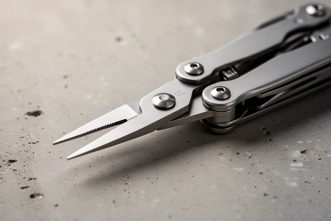 Nahaufnahme der Multitool-Schere mit feinen Präzisionsspitzen auf neutraler Oberfläche