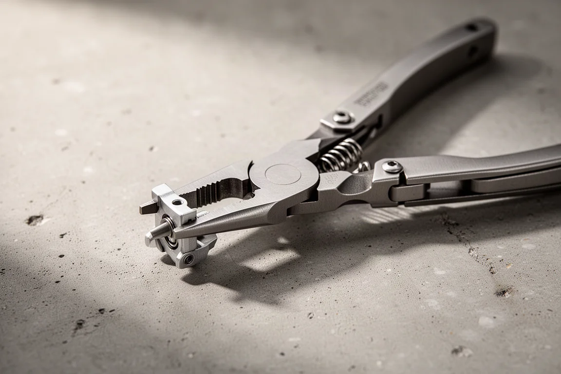 Gefederte Zangenkopf eines Multitools greift ein kleines Teil, mitten im Einsatz